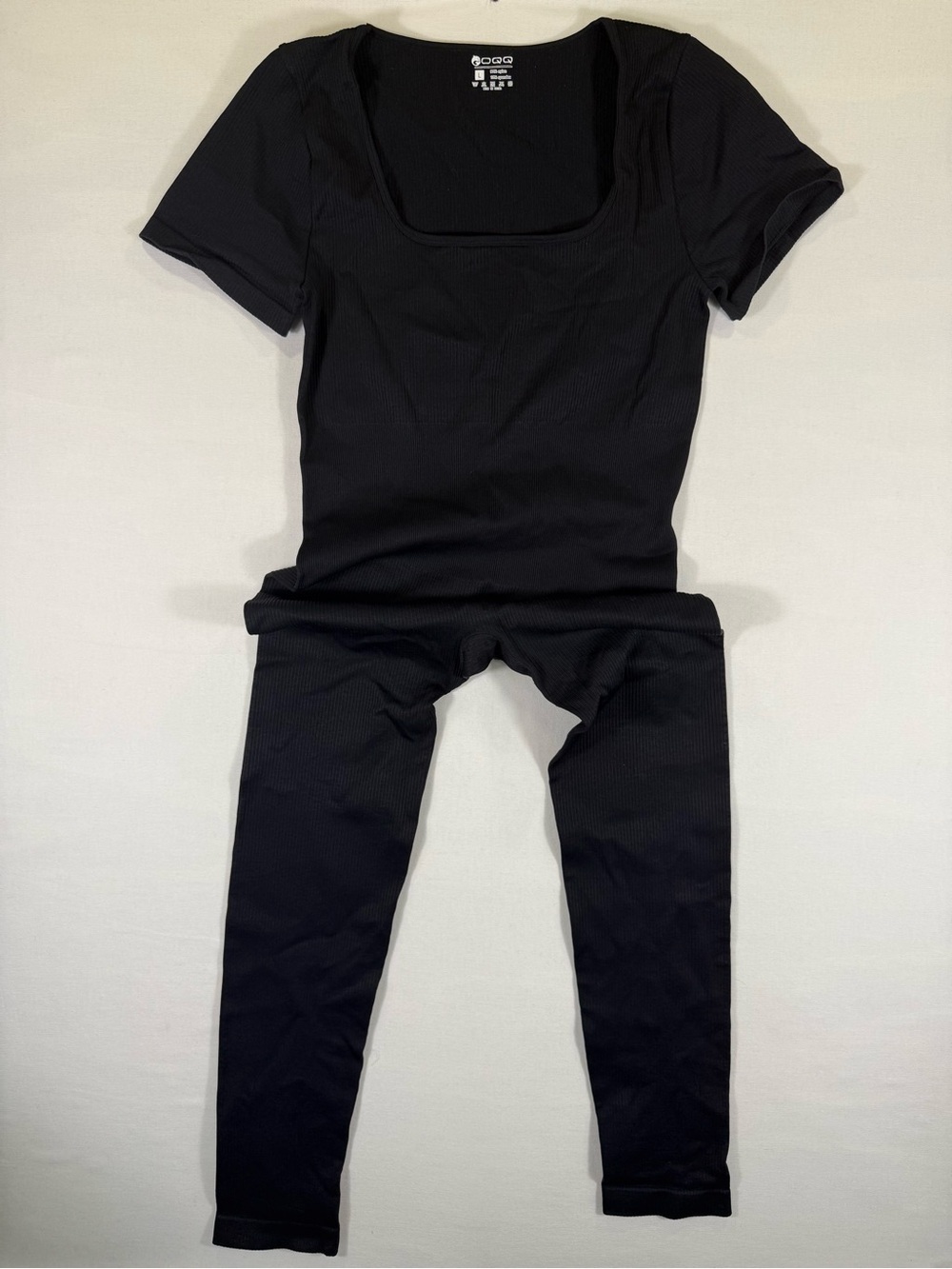 Black Square-Neck Ribbed Short-Sleeve Jumpsuit